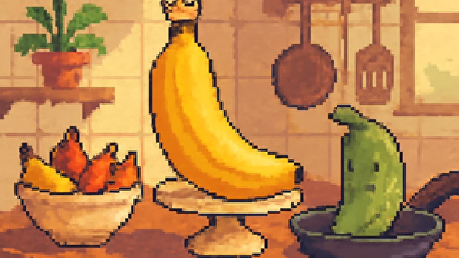 Pixel-art kitchen table with a crowned yellow banana on a cake stand, a plantain beside a frying pan, and smaller bananas in a fruit bowl.