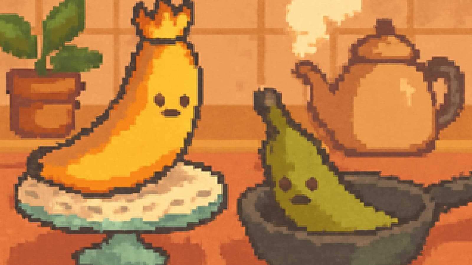 Pixel-art yellow banana wearing a crown on a cake stand in a cosy kitchen, with a plantain beside a frying pan.