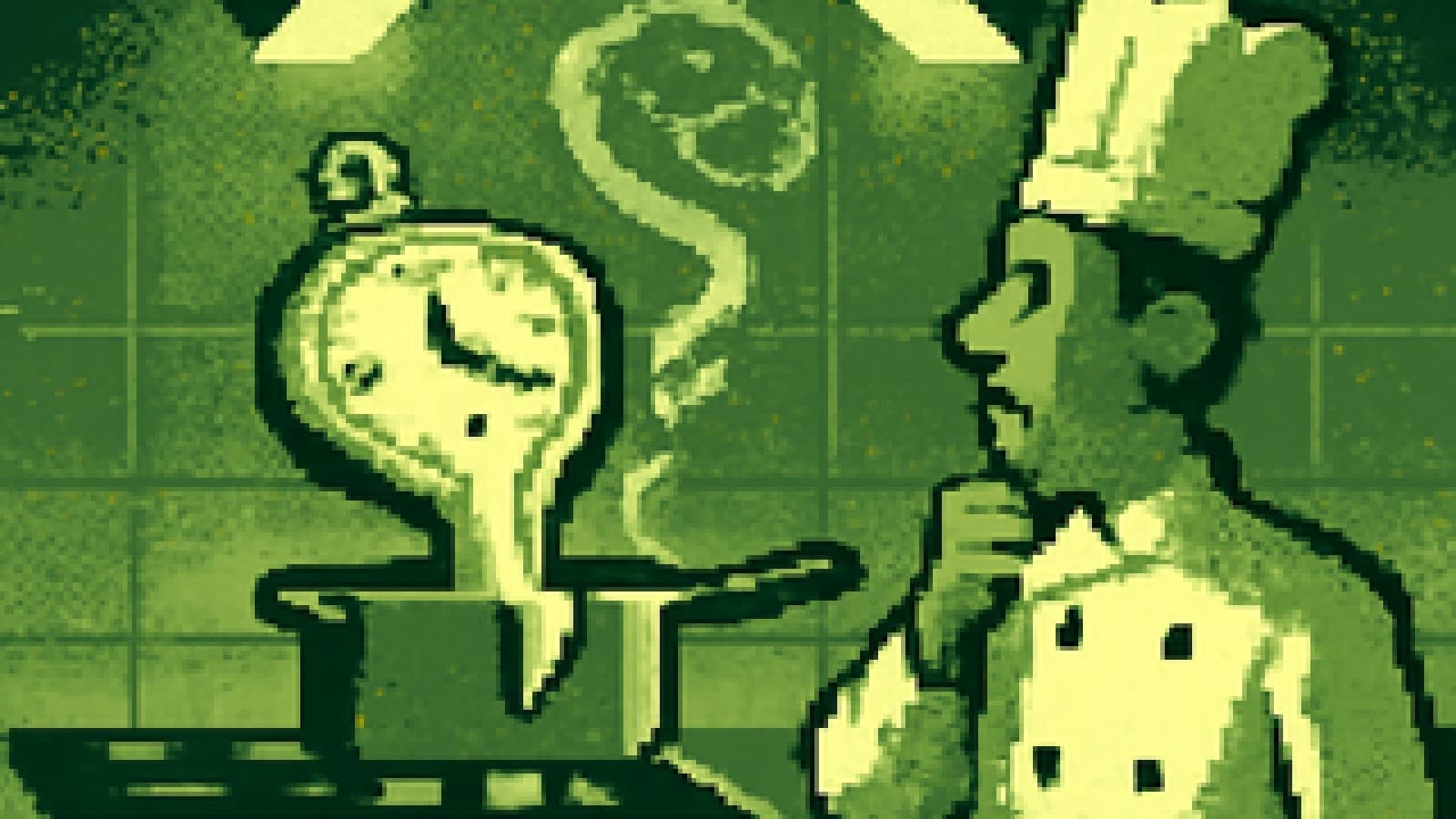 Pixel-art chef staring at a melting pocket watch dripping into a saucepan on a TV kitchen stove