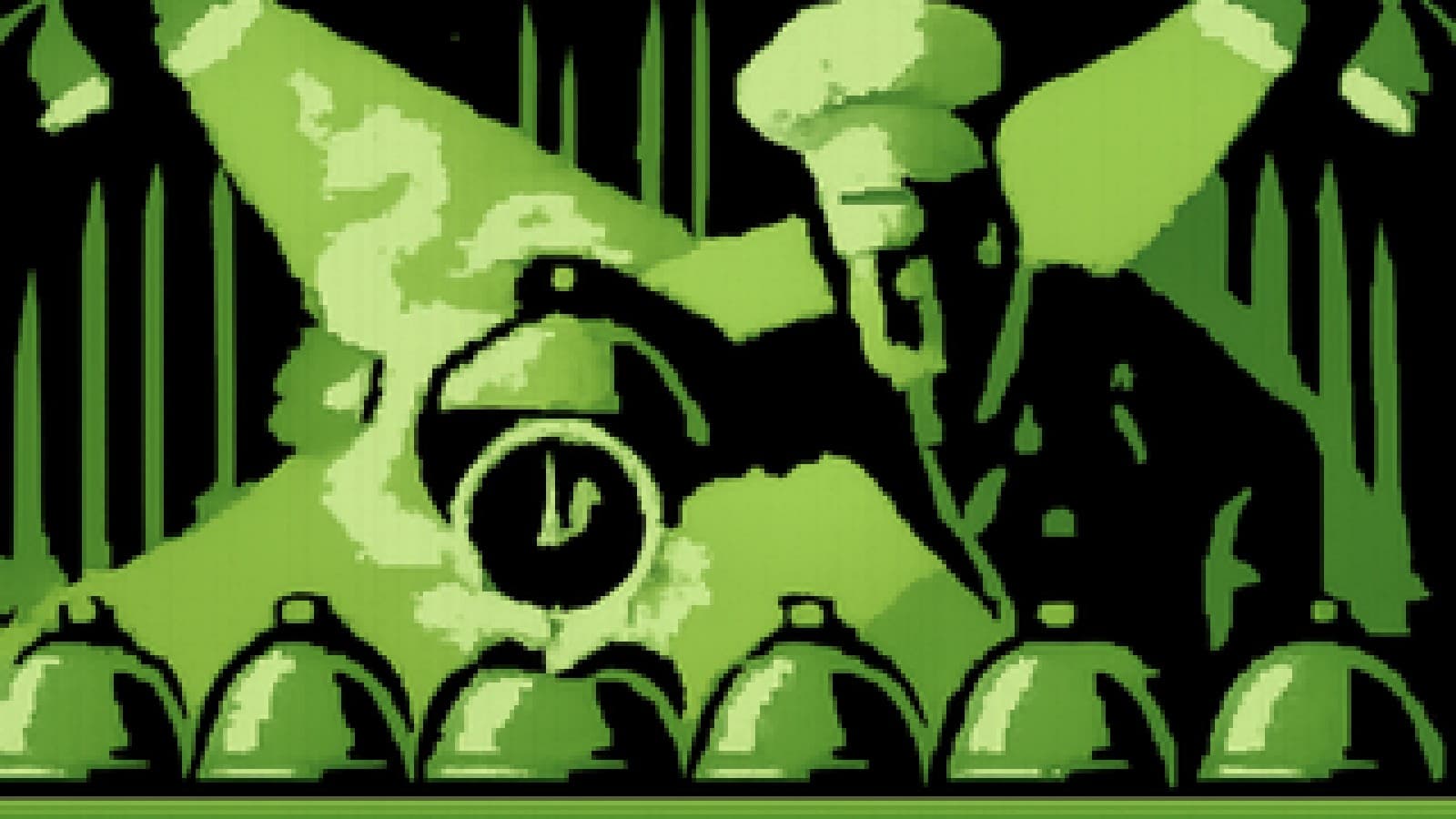 Pixel-art cooking show judging table with five cloches, one revealing a steaming swirling clock face under spotlights