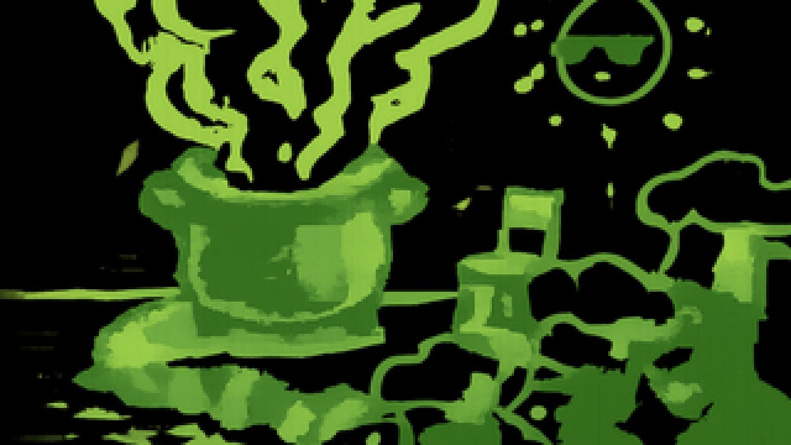 Pixel art of an island-shaped pot billowing smoke beside a blazing sun and an empty inspector's chair, with chef judges peering through the haze.