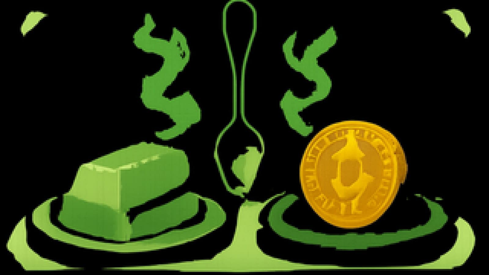 Pixel-art gold bar and glowing digital coin facing off on a cooking show stage under a judge's spoon
