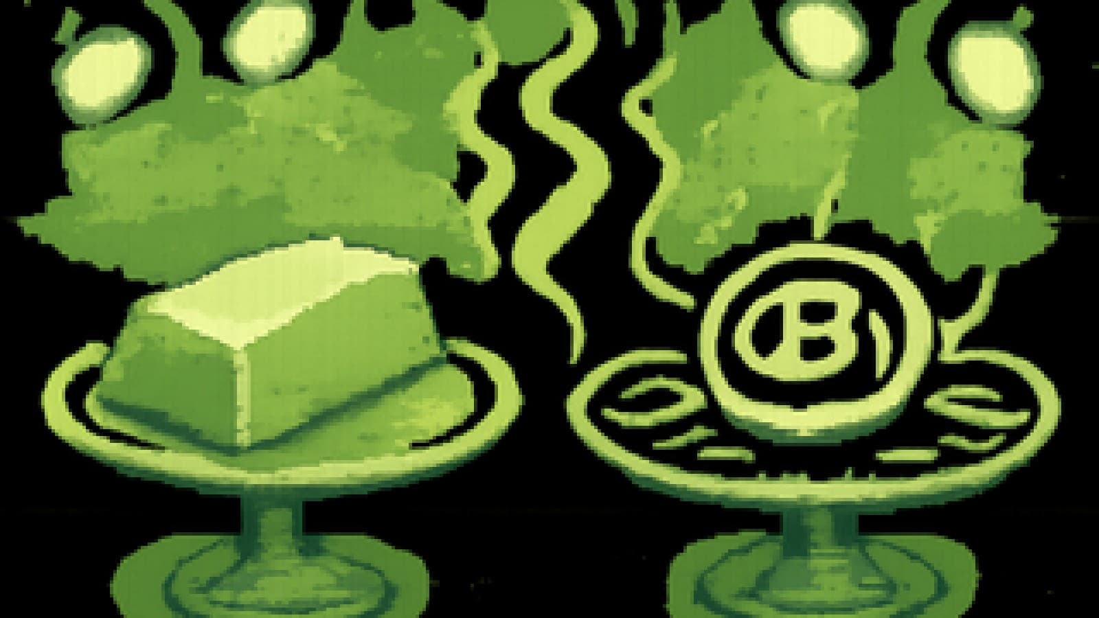 Pixel-art cooking show stage where a gold bar and a glowing digital coin face off as rival dishes