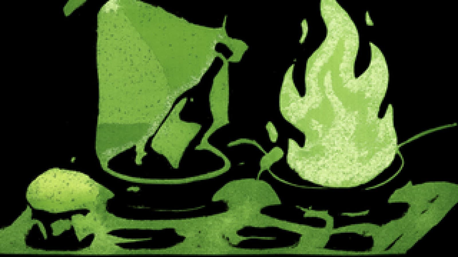 Pixel art of a stove with two busy pans and an ignored soufflé at the side