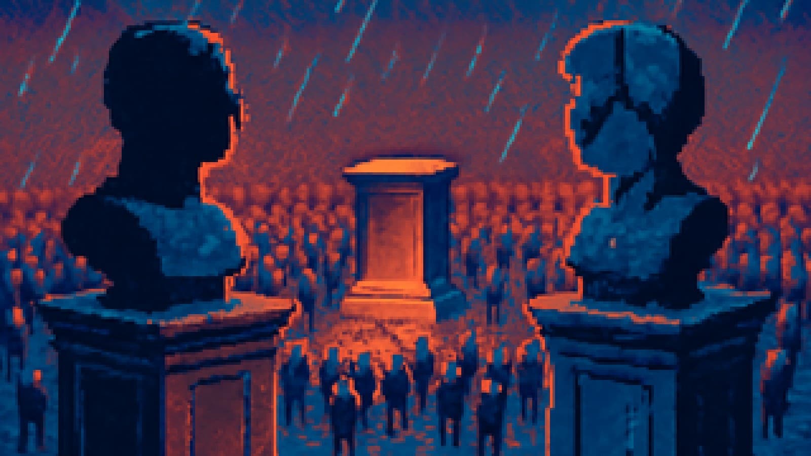 Pixel art of two marble pedestals and a crowd gathered around a glowing empty third pedestal