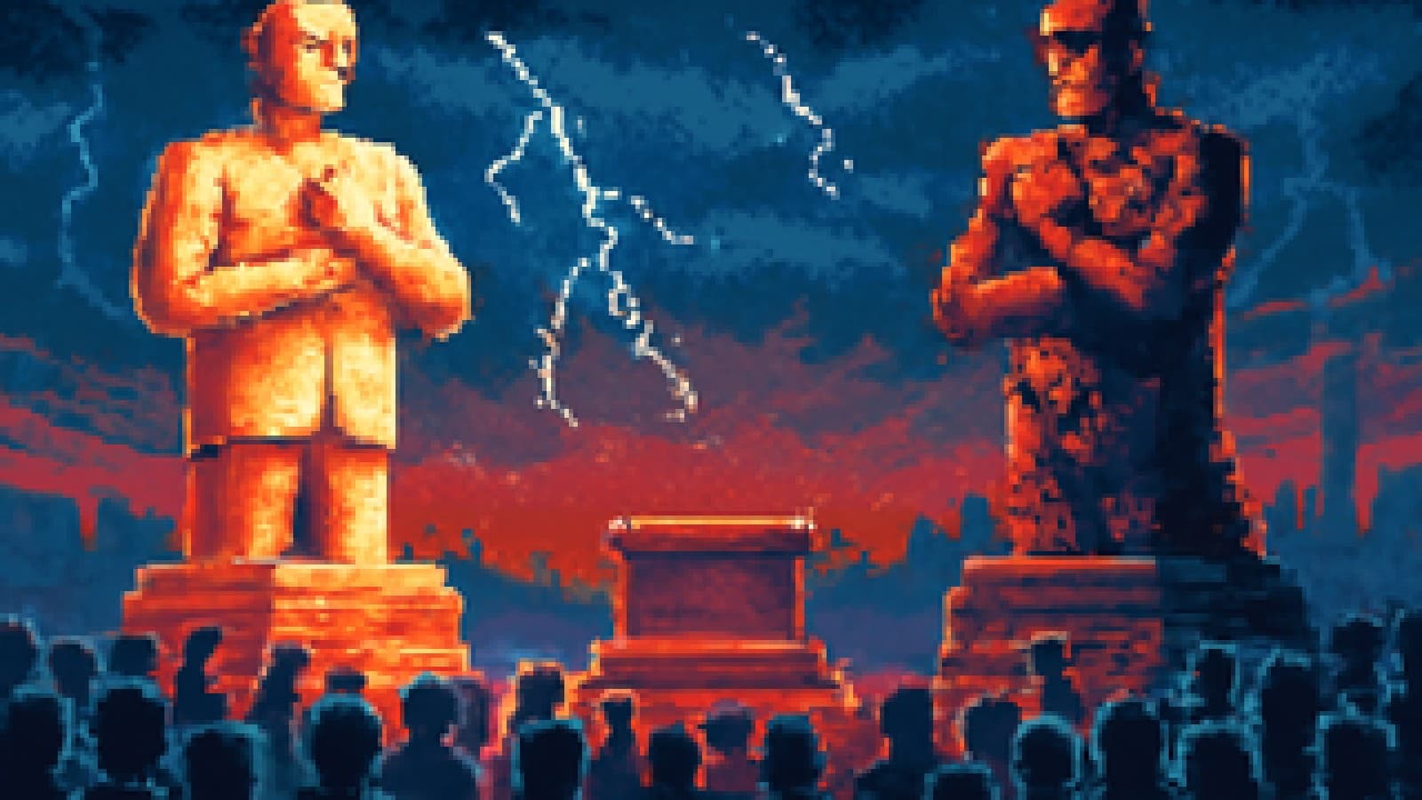 Pixel art of two monumental statues and a crowd turning toward an empty glowing pedestal