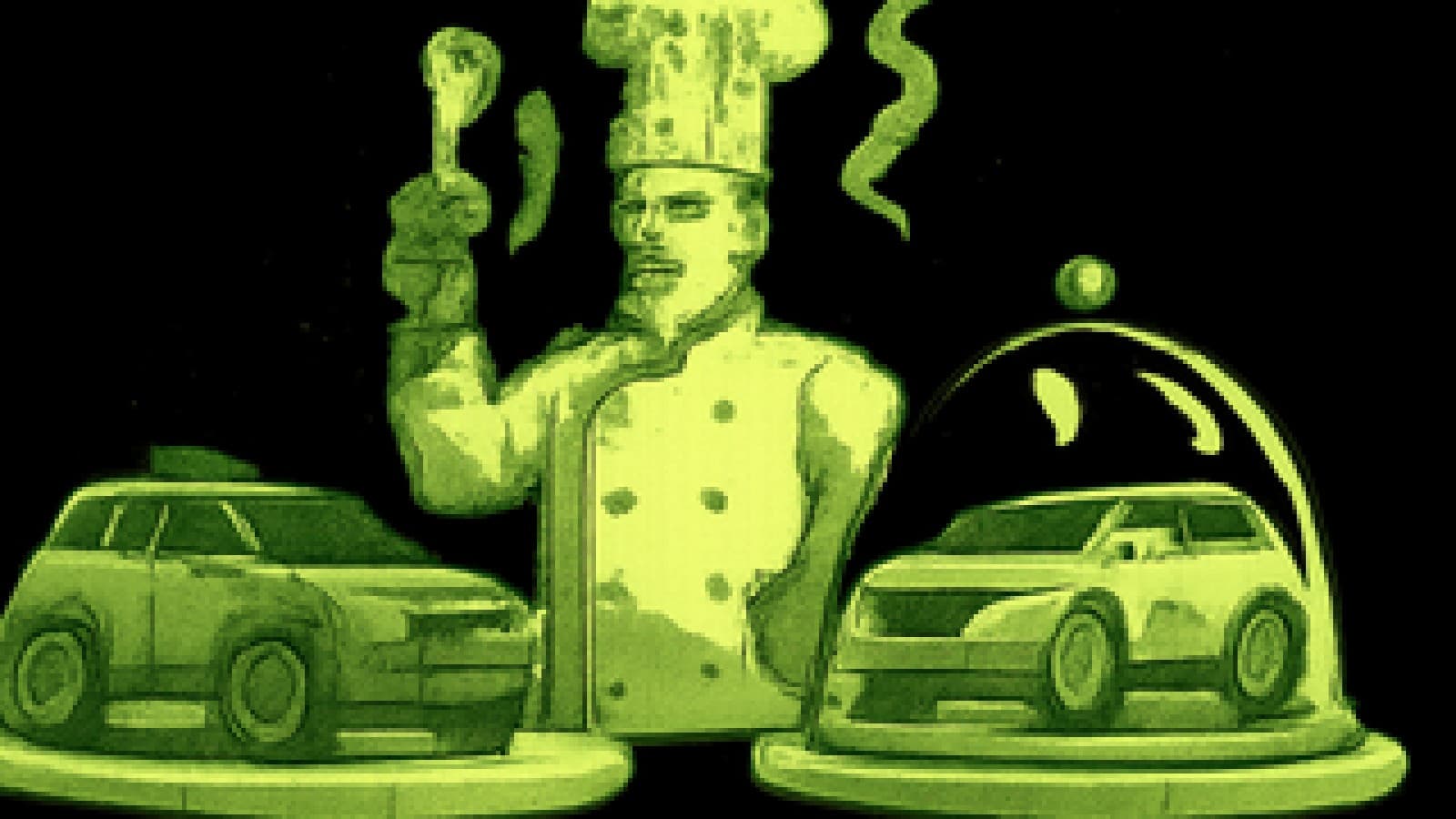 Pixel-art scene of a muddy blue hatchback and a sleek silver SUV on plates in front of a chef judge