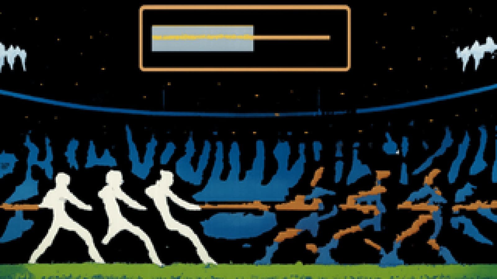 Pixel-art stadium crowds in white and in blue and garnet pulling a rope, with the white side slightly ahead
