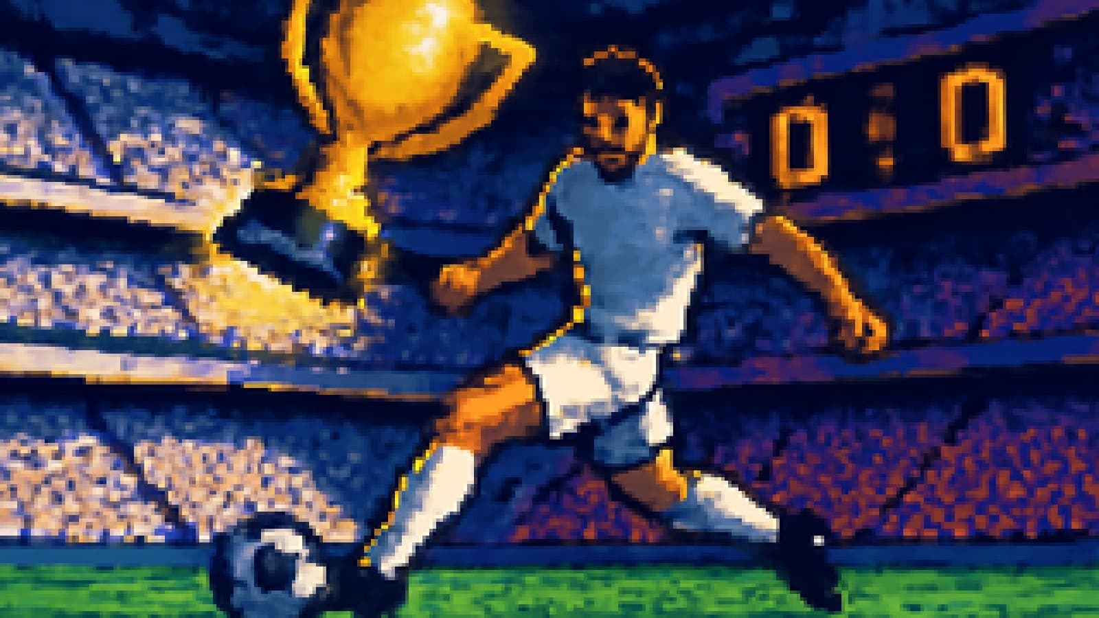 Pixel-art stadium split between white and blue-garnet fans, a glowing trophy tilting toward the white side