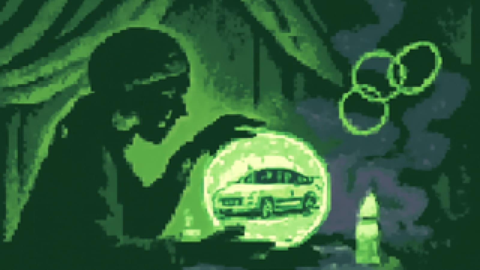 Pixel-art fortune teller's crystal ball glowing with a blue sedan as silver rings fade into purple mist