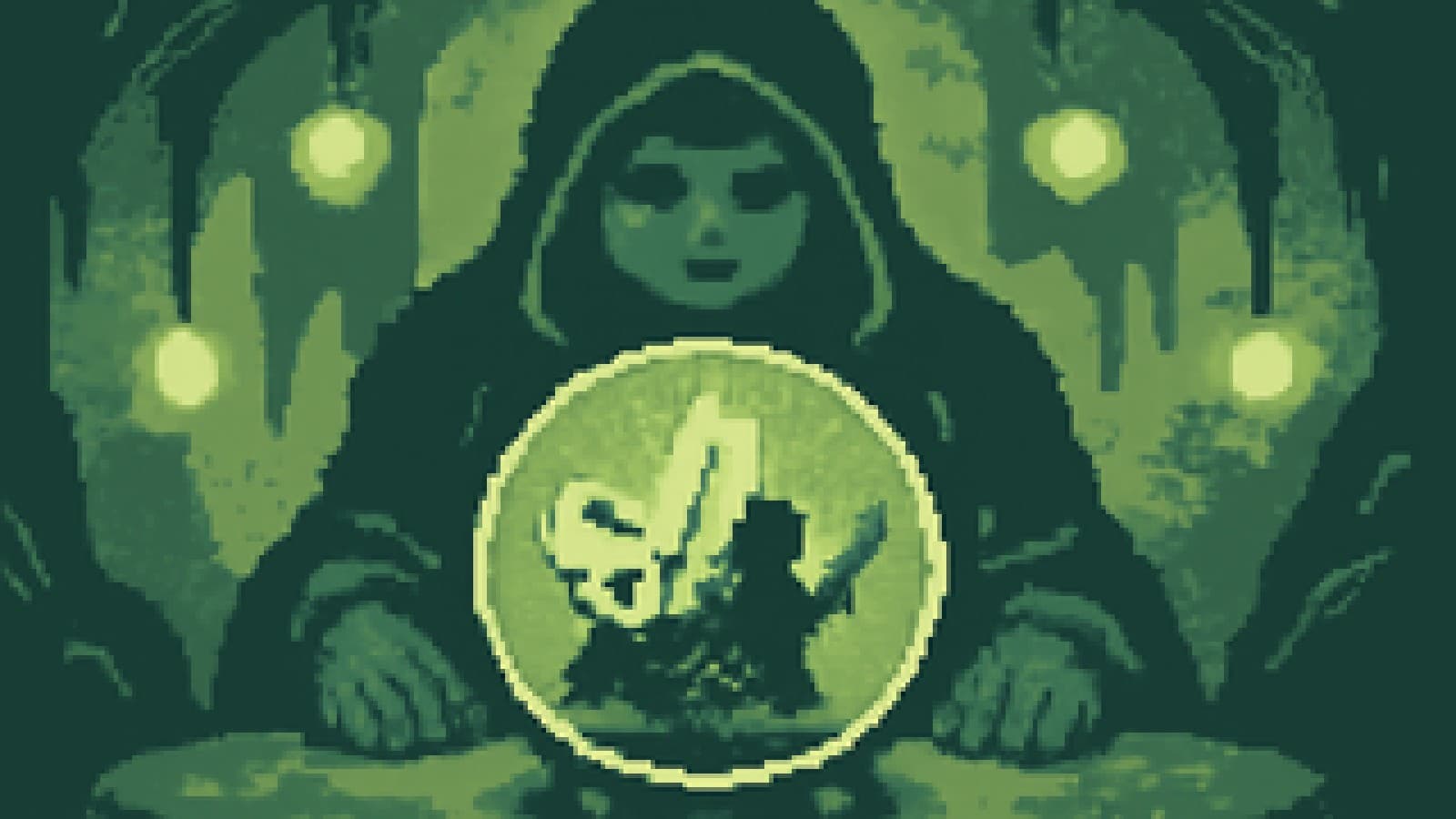 Pixel-art crystal ball in a dark cavern showing a small masked knight and a cloaked needle-wielder side by side, with a pale crowned figure fading behind them.