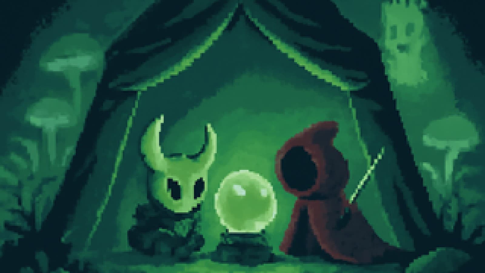Pixel-art crystal ball in a cavern showing a small masked knight beside a red-cloaked companion, with a pale crowned figure fading in the background.