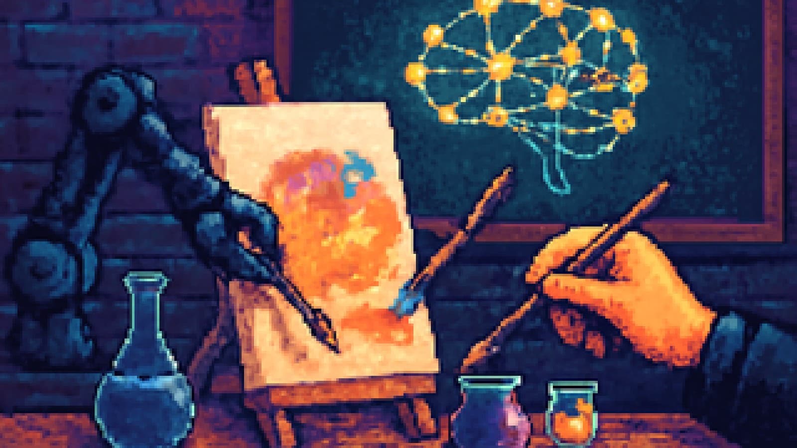 A robot arm and a human hand painting the same canvas on a laboratory bench
