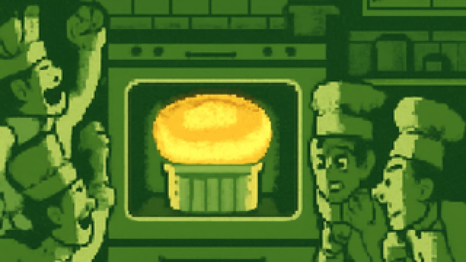 Pixel-art soufflé shaped like a gold coin rising in an oven while two groups of chefs watch from either side