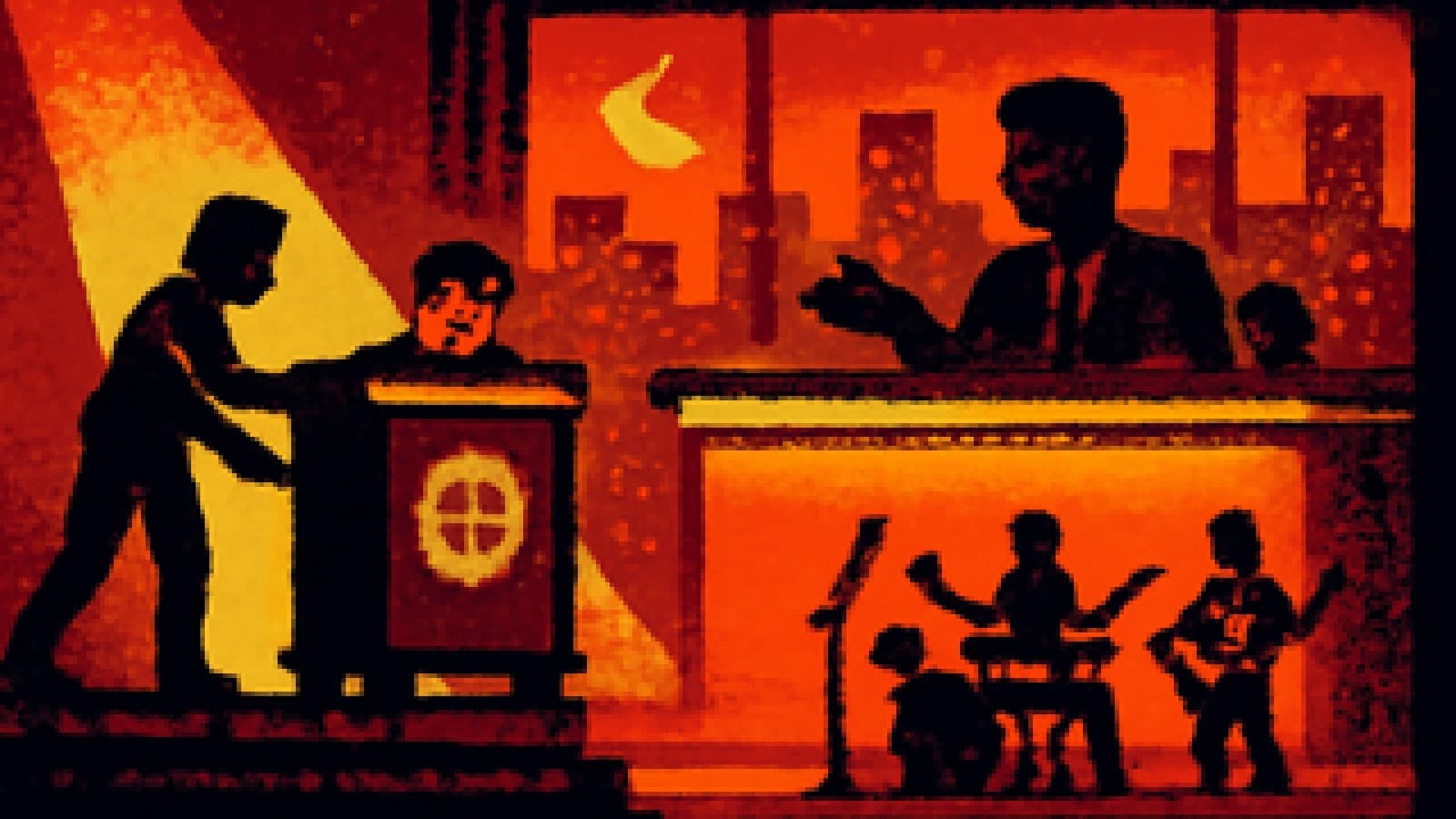 Pixel-art late-night talk show set with a host desk and band while an empty competition podium rolls offstage.