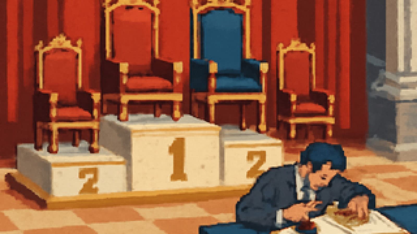 Pixel art of four empty armchairs on an awards podium in a marble hall while an official stamps a ledger.