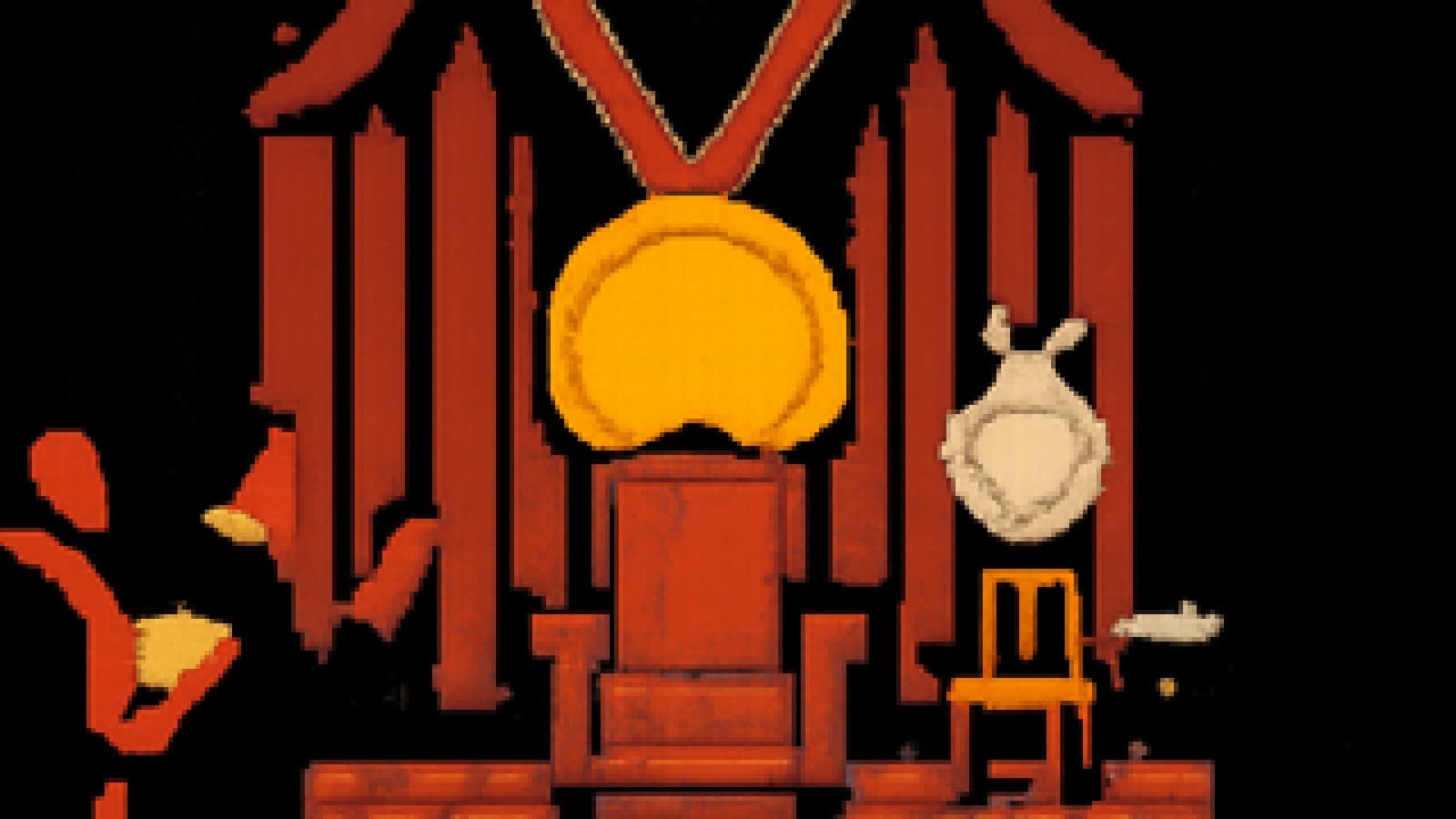 Pixel art of a gold medal over an empty presidential armchair, a silver medal on a smaller chair beside it, and officials with clipboards in a formal hall.
