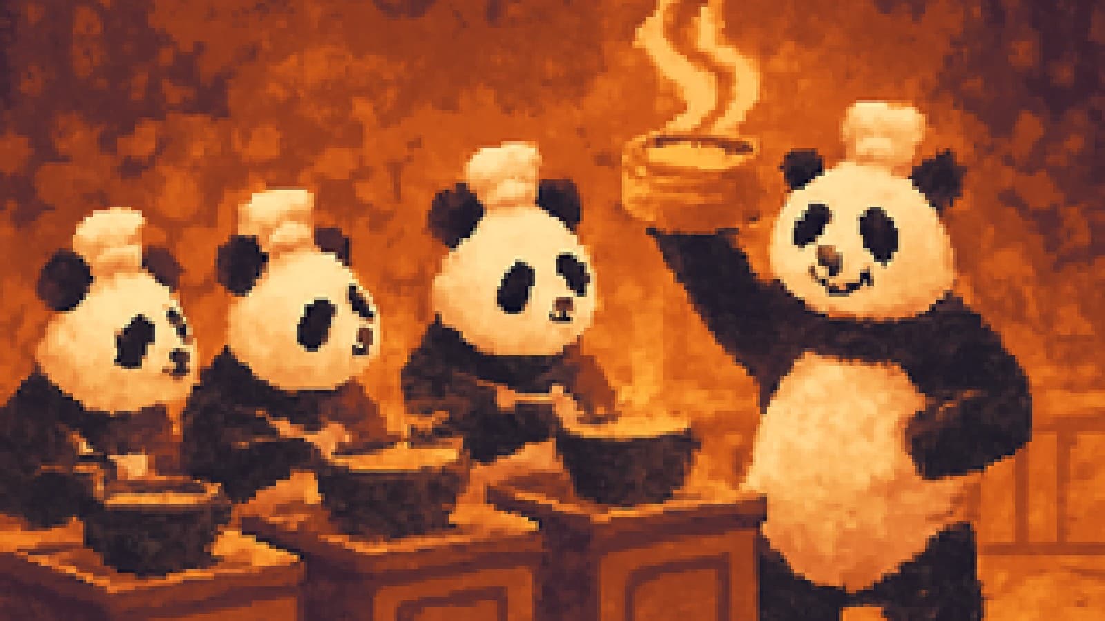 Pixel-art pandas in chef hats competing at kitchen stoves, one holding up a bamboo dish.