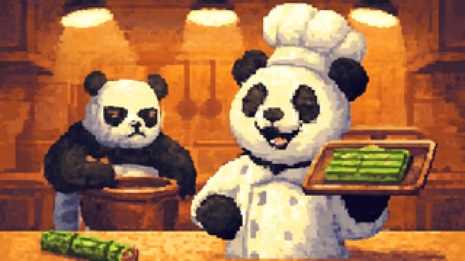 Pixel-art panda chef presenting a bamboo dish on a cooking show stage as a rival panda stirs a pot behind it.