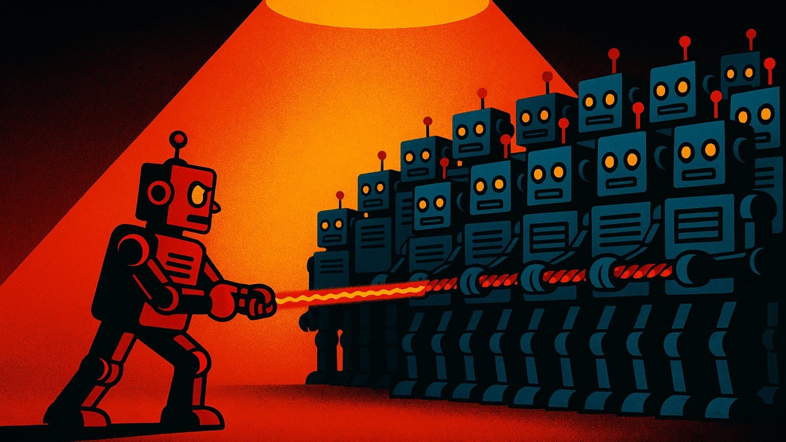 A lone robot in a tense tug-of-war against a crowd of identical robots, with the rope frozen at a standstill