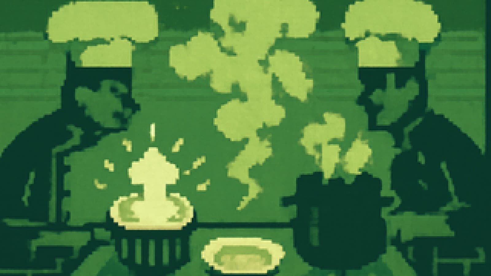 Pixel-art kitchen showdown with a rising golden soufflé at one station and a dark simmering pot at the other, steam meeting over an empty judge's plate.