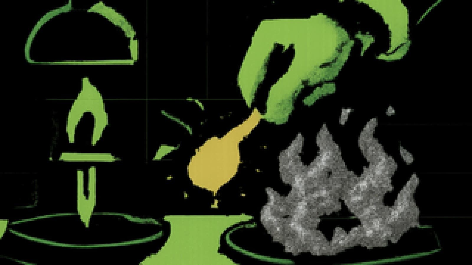 Pixel-art cooking stage where a golden spoon is placed on a plate surrounded by purple flames, next to a sword-garnished dish left under a heat lamp.