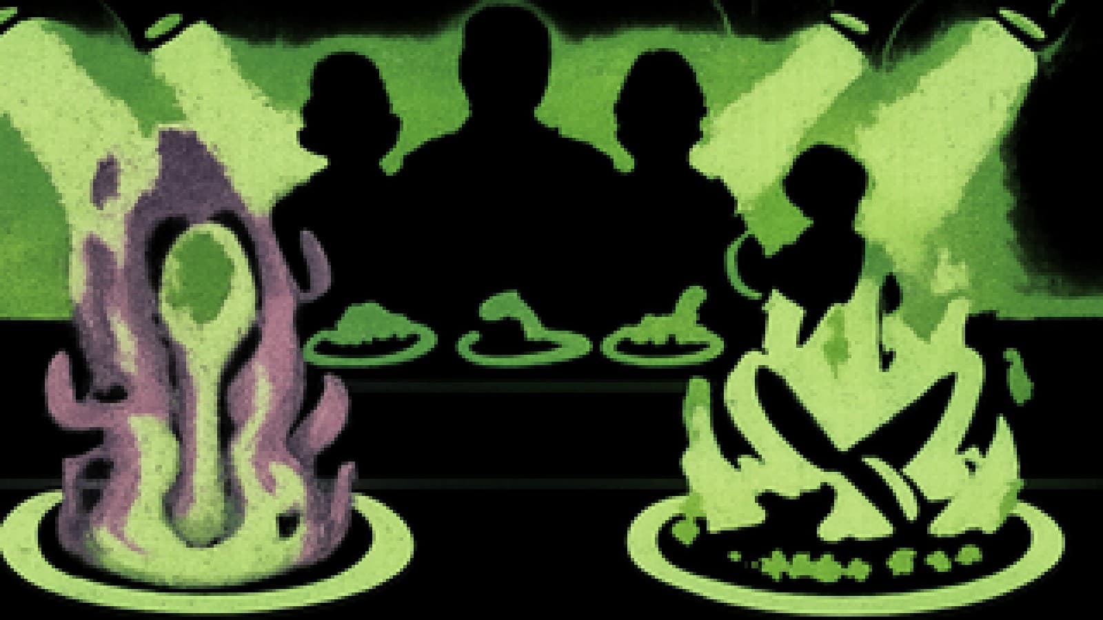 Pixel-art cooking-show judges' table with five plates, a golden spoon resting in a purple-flamed dish and a sword-decorated dish beside it.