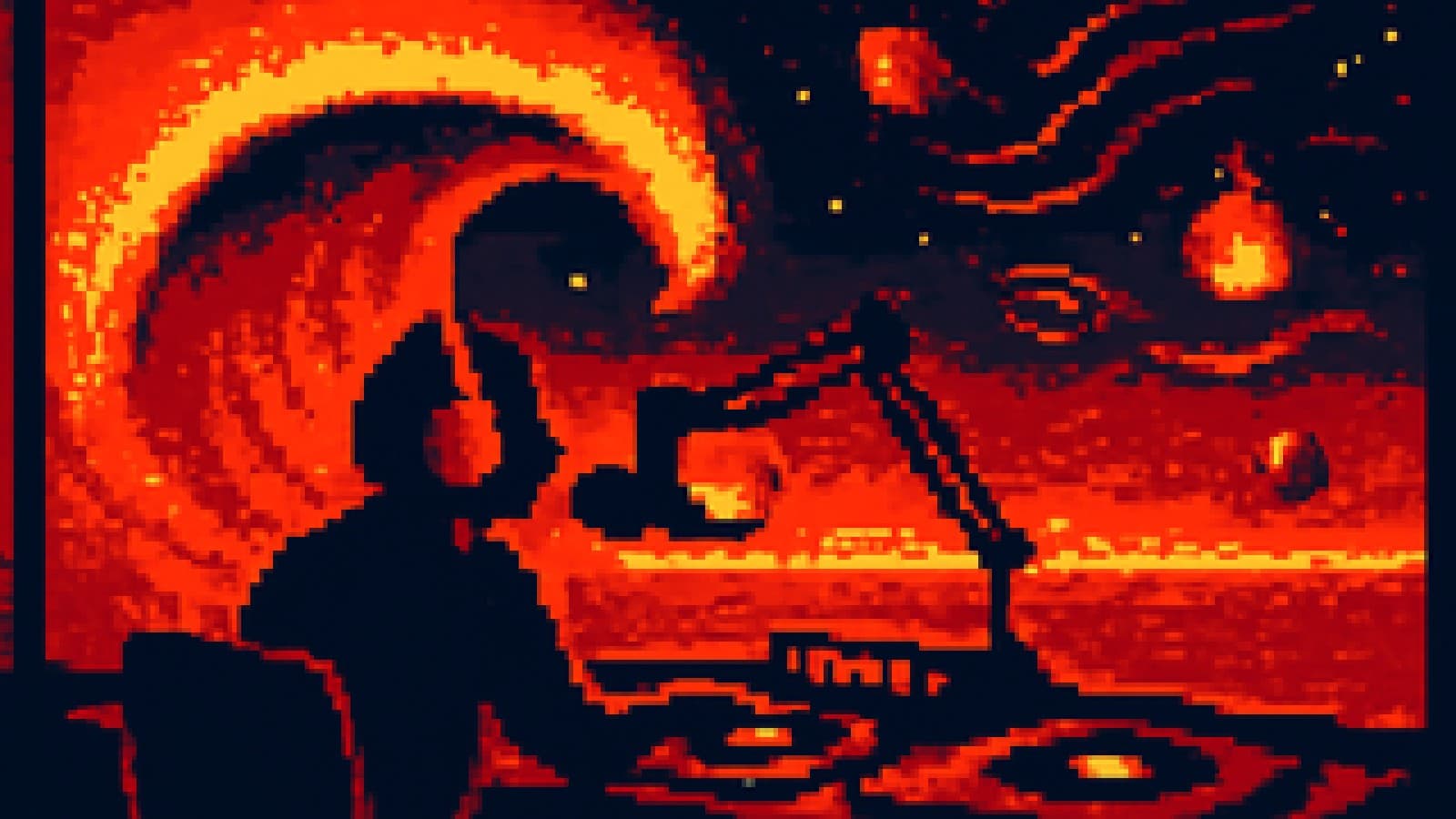 Pixel art of a radio booth by the sea with a huge wave towering over it while small wind, fire and rock symbols float nearby.