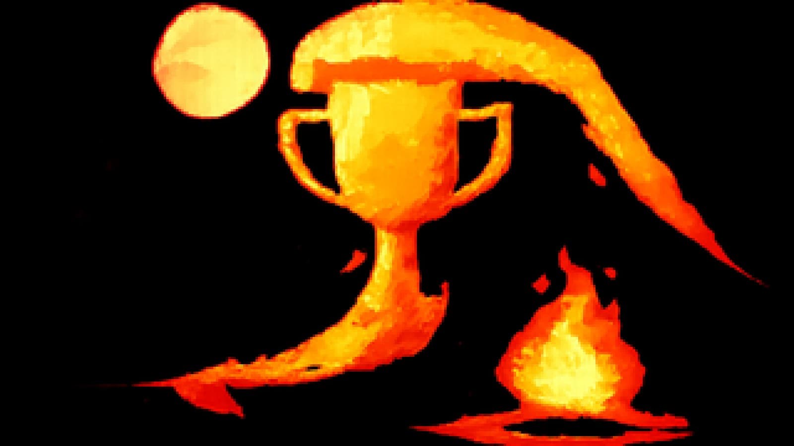 Pixel art of a giant moonlit wave towering over small wind, fire and earth symbols.