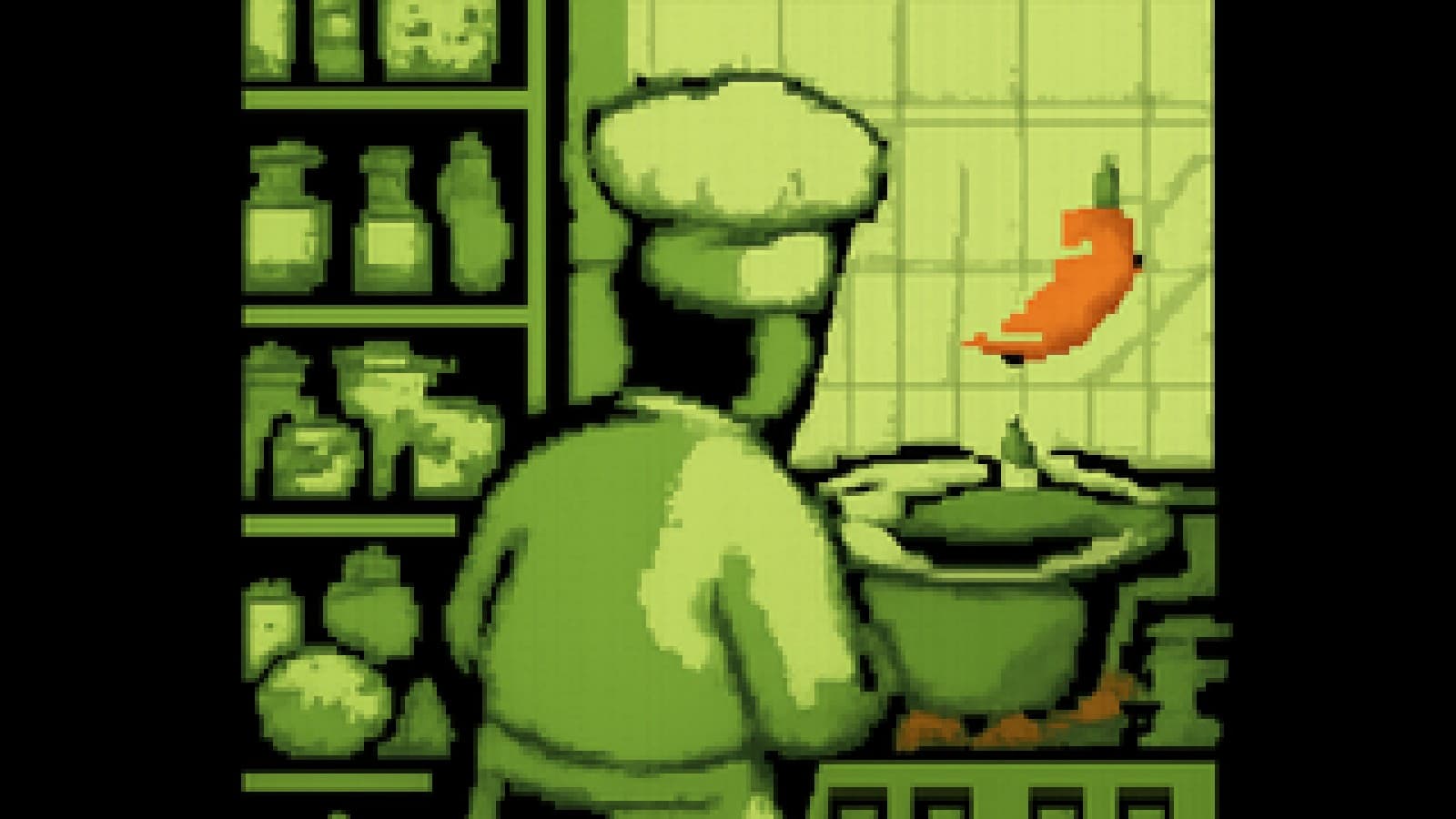 Pixel-art kitchen with a huge pantry facing a small stove with a glowing red pepper, a toy tanker floating in a pot between them.