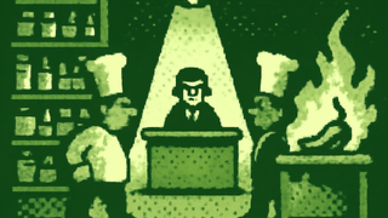 Pixel-art cook-off stage with a huge pantry station facing a tiny stove with a flaming red pepper, a judge's table in the middle.