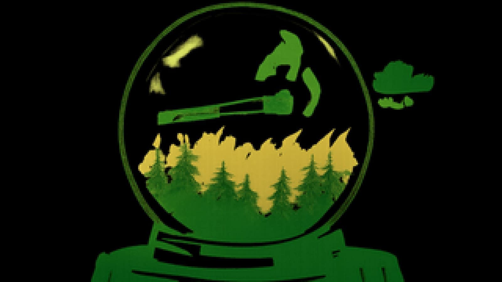 Pixel-art crystal ball showing a smoky burning forest, a floating match and a small cloud drifting away.