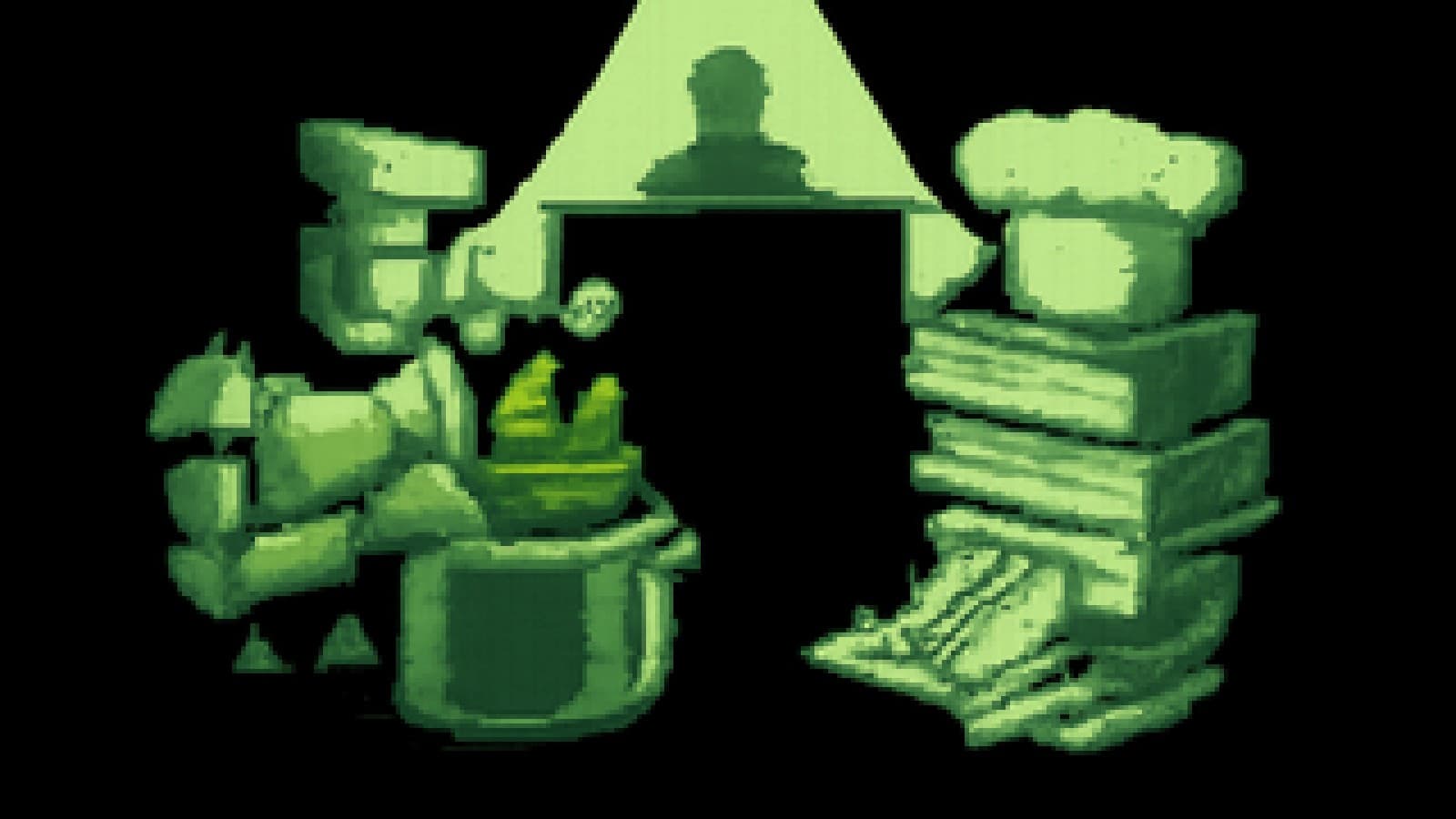 Pixel-art cook-off with a robot chef facing a stack of textbooks in a chef's hat under stage lights.