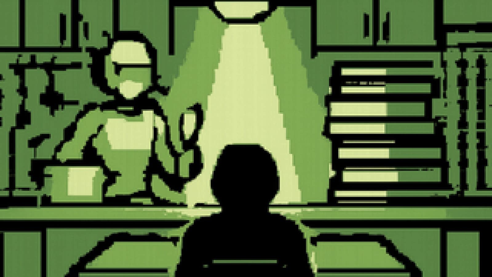 Pixel-art cooking showdown between a glowing robot tutor and a stack of paper textbooks on a competition stage.