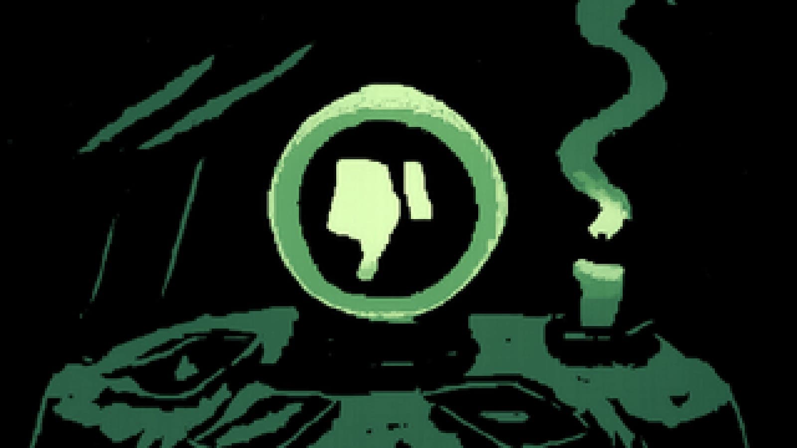 Pixel-art crystal ball showing a glowing thumbs-up flipping downward, surrounded by tarot cards and candle smoke.