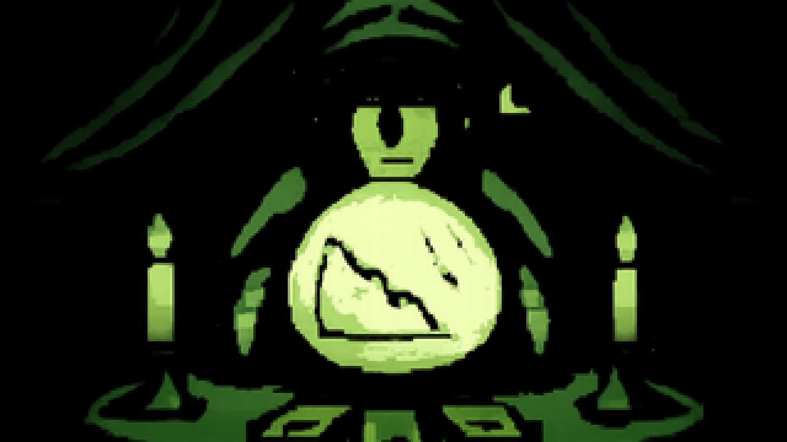 Pixel-art fortune teller's crystal ball showing a downward stock line, with tarot cards and candles around it.