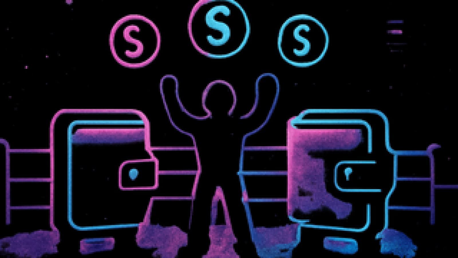 Pixel-art showdown between two glowing phone wallets with a referee raising both arms between them.