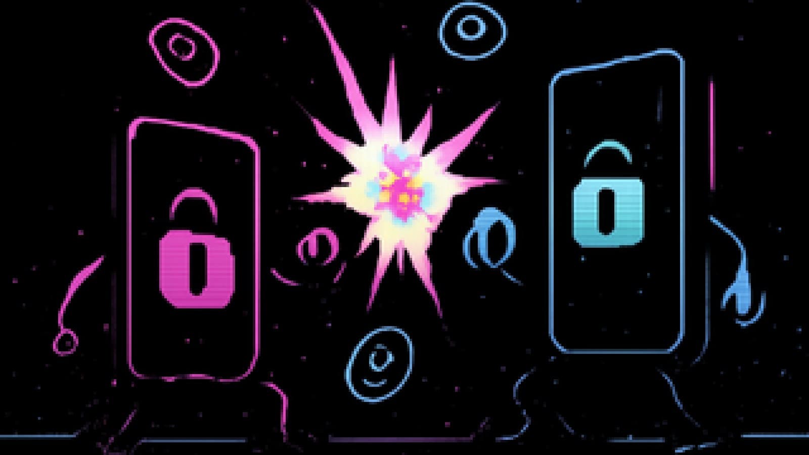 Two glowing pixel-art phone wallets face off in a neon arena with coins floating overhead.
