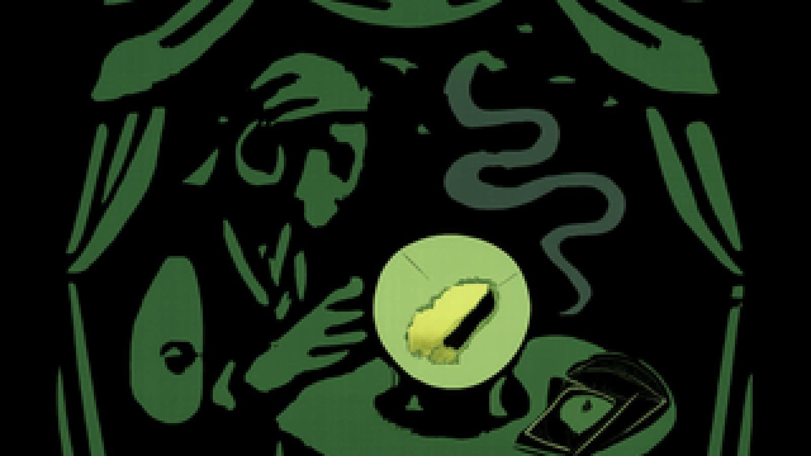 A pixel-art crystal ball glowing with a gold bar inside, tarot cards and a face-down banknote card on a velvet table.