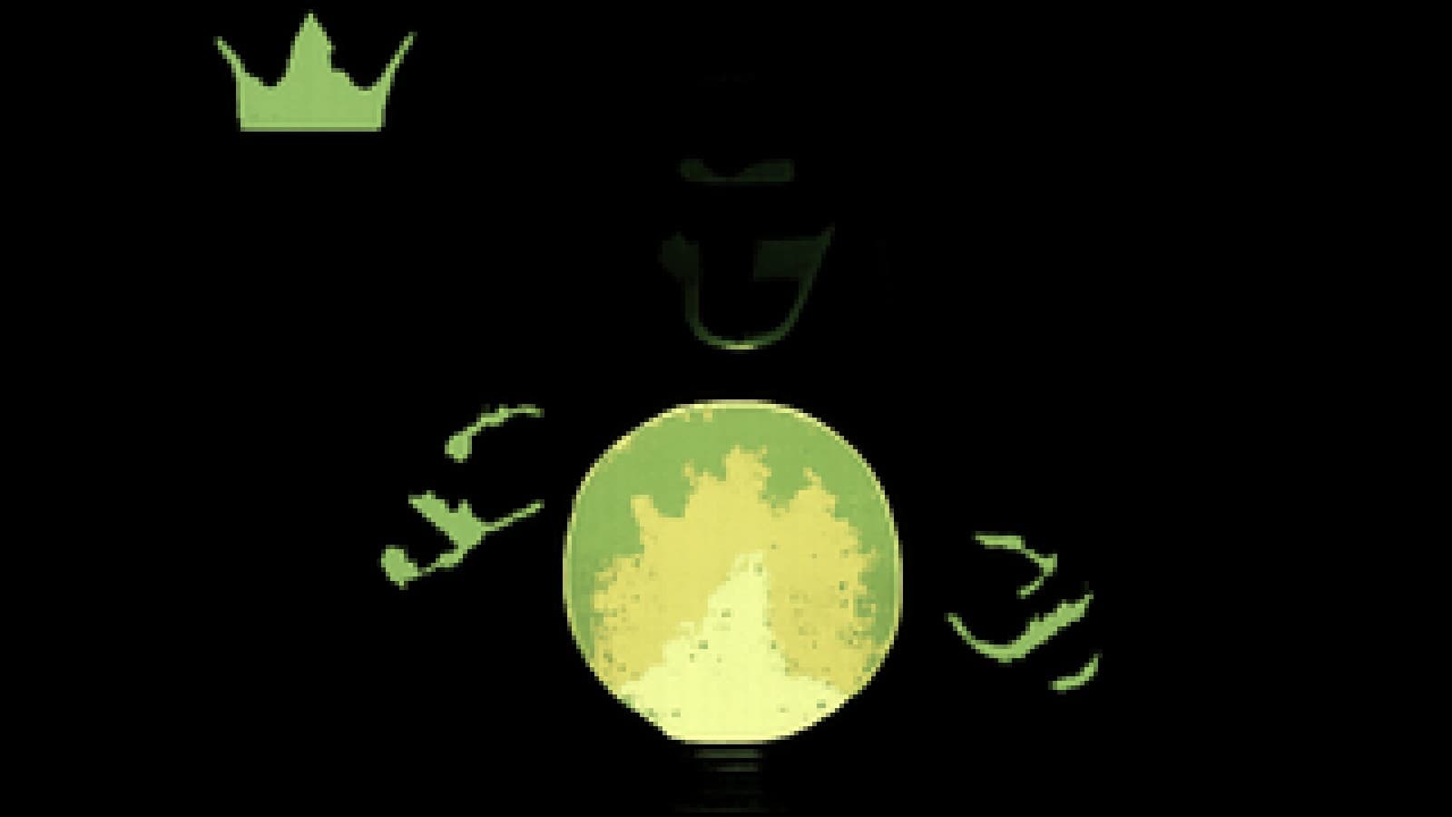 A glowing crystal ball filled with gold and topped by a crown, with a shadowy green figure watching from behind a velvet curtain.