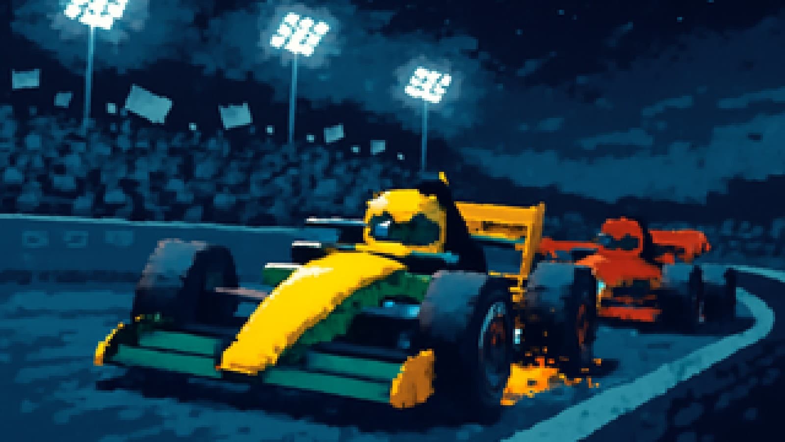 Pixel-art illustration of two classic Formula 1 cars racing closely at night in front of a packed grandstand.