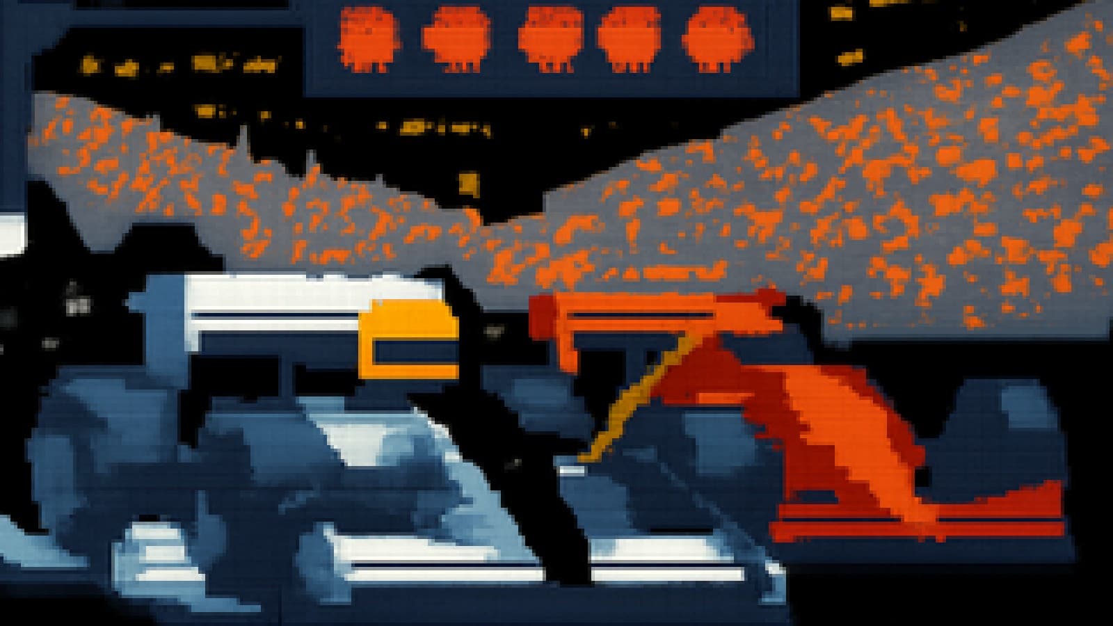 Pixel-art of two vintage Formula 1 cars launching off the starting grid together in a cloud of tyre smoke.