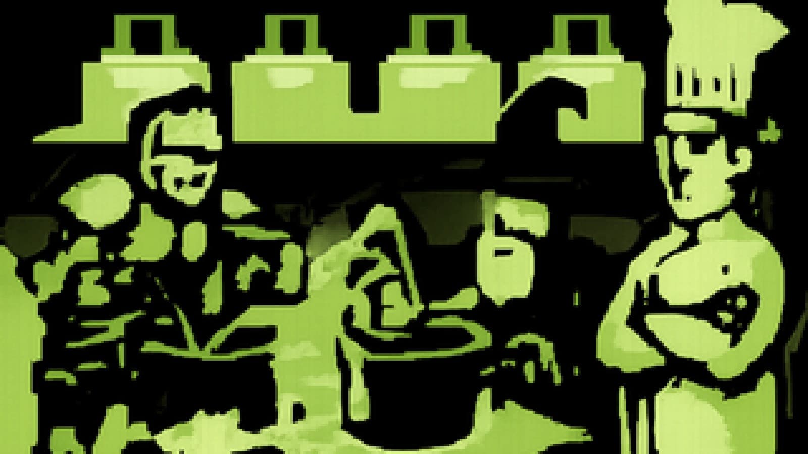 Pixel-art cooking show with an armoured knight and a dice-rolling wizard competing at neighbouring kitchen stations
