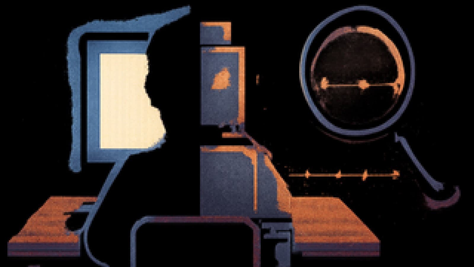 Pixel-art figure at a computer, split down the middle between a human and a robot, examined under a magnifying glass.