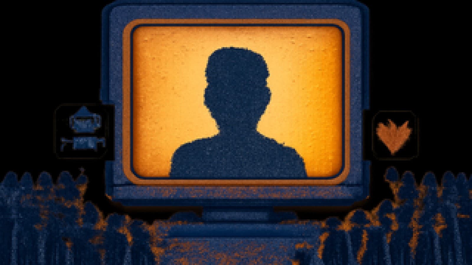 Pixel-art crowd divided on either side of a screen showing an anonymous avatar, one group holding robot symbols and the other holding hearts.