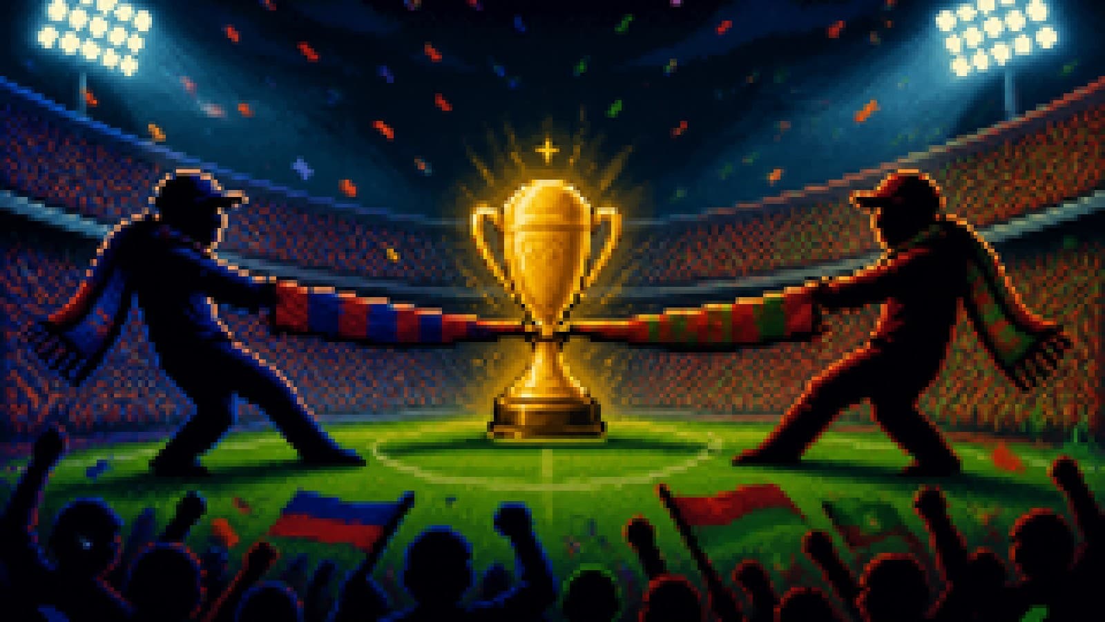 Golden football trophy on a floodlit pitch with two rival scarves pulling against each other