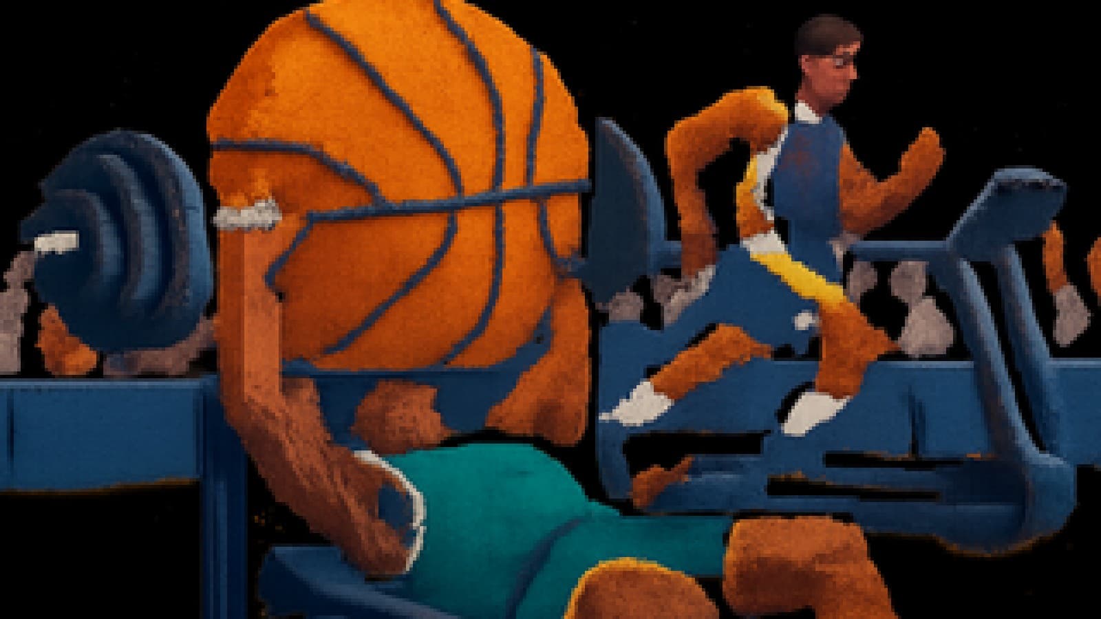 Pixel-art scene of a green-jersey basketball player lifting a giant basketball while a purple-and-gold rival runs hard behind him in a packed arena gym.