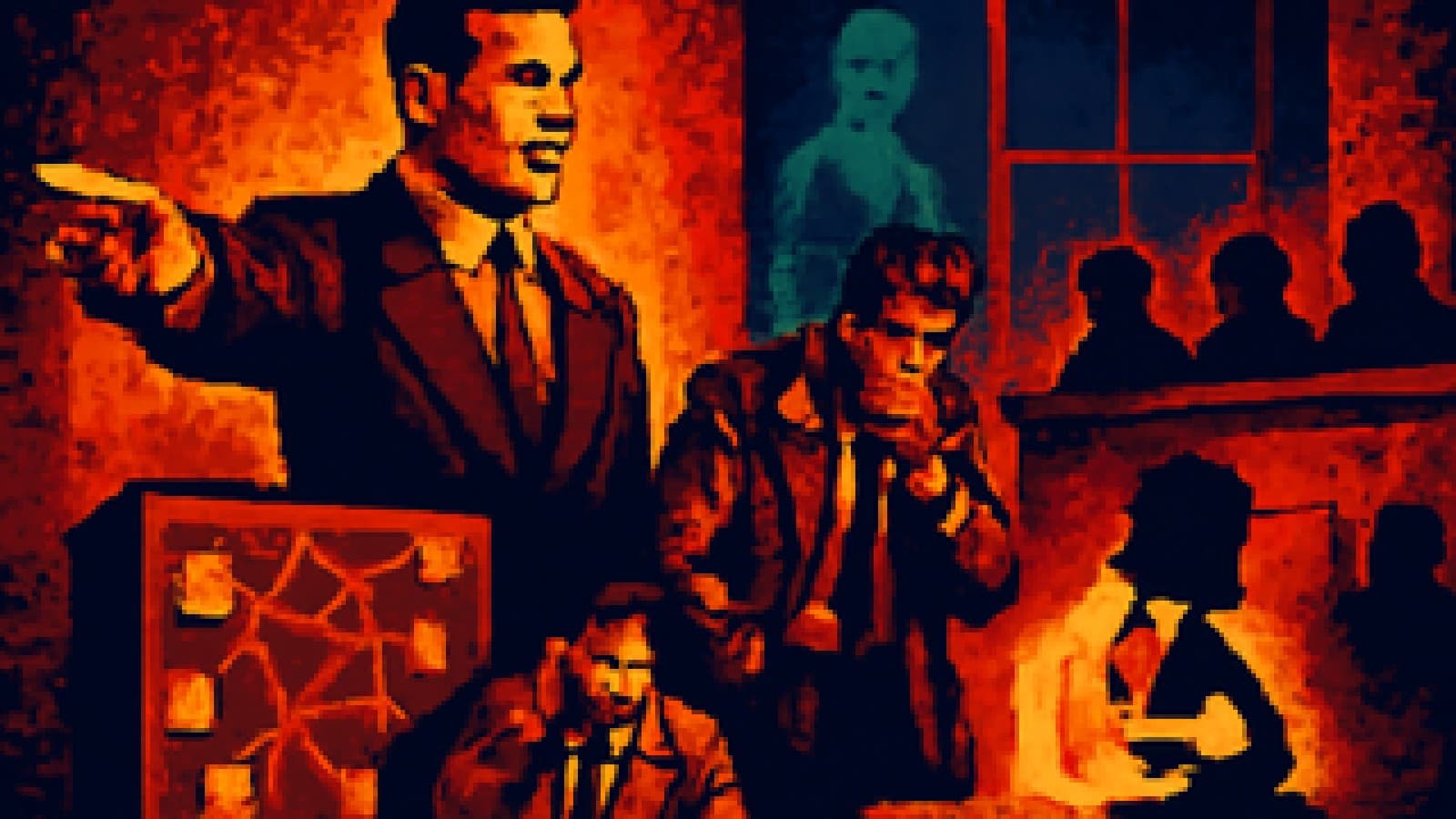 Pixel-art courtroom with a lawyer, a trench-coated detective, a forensic scientist and a floating ghost all competing for attention.