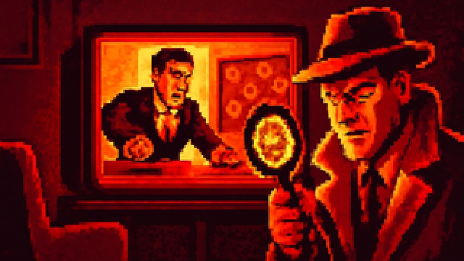 Pixel-art TV screen showing a courtroom lawyer and a trench-coated detective facing off in a moody thriller scene.