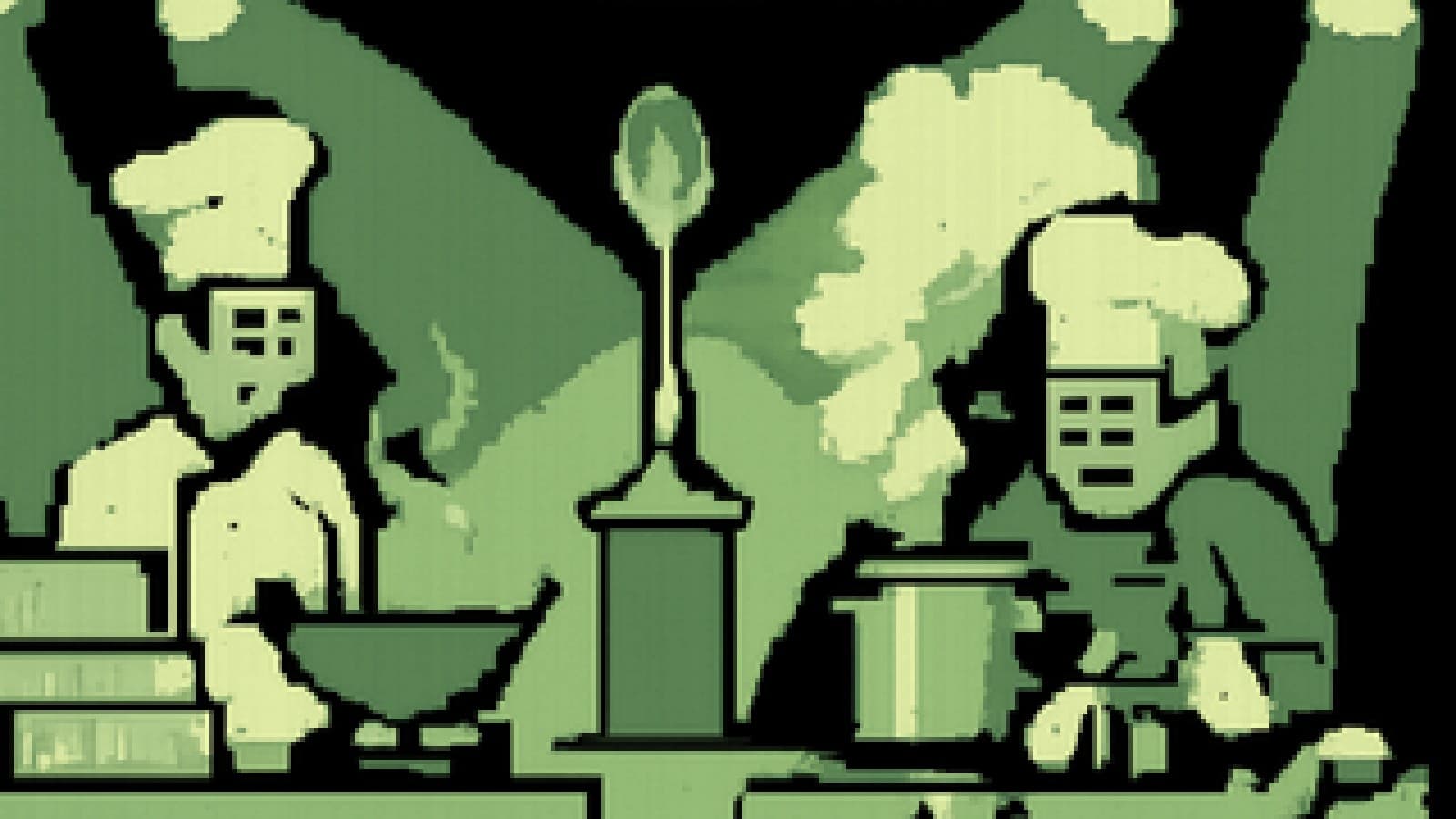 Pixel-art cook-off stage with a calm wok station beating a smoking, overflowing pot station for a golden spoon trophy